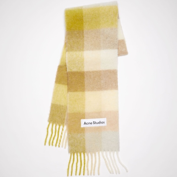 Acne Studios Accessories - Acne Studios Checked Wool Fringe Scarf in Yellow